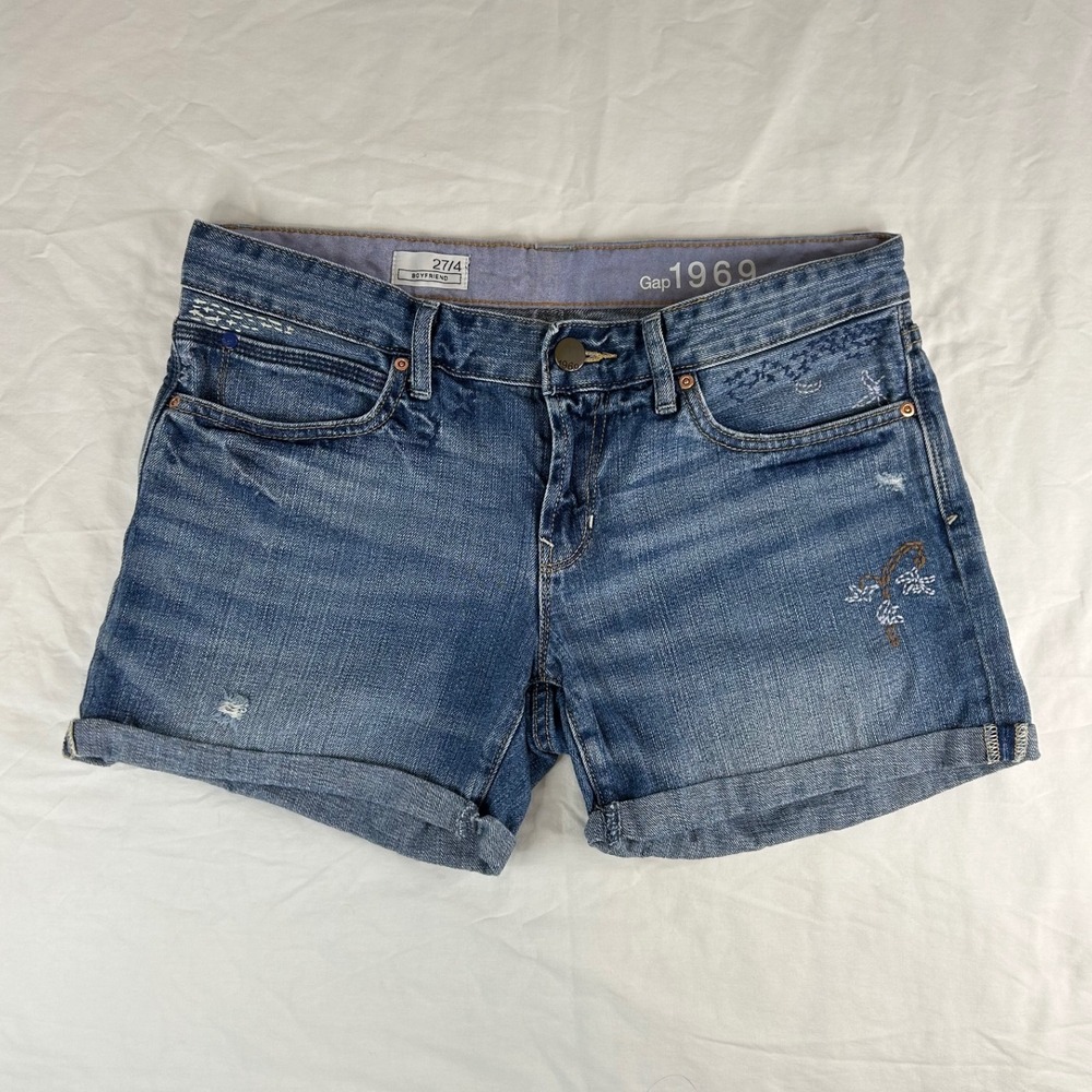 Gap 1969 Boyfriend Denim Shorts Cuffed Hem Distressed Blue‎ Jean Shorts 27/4